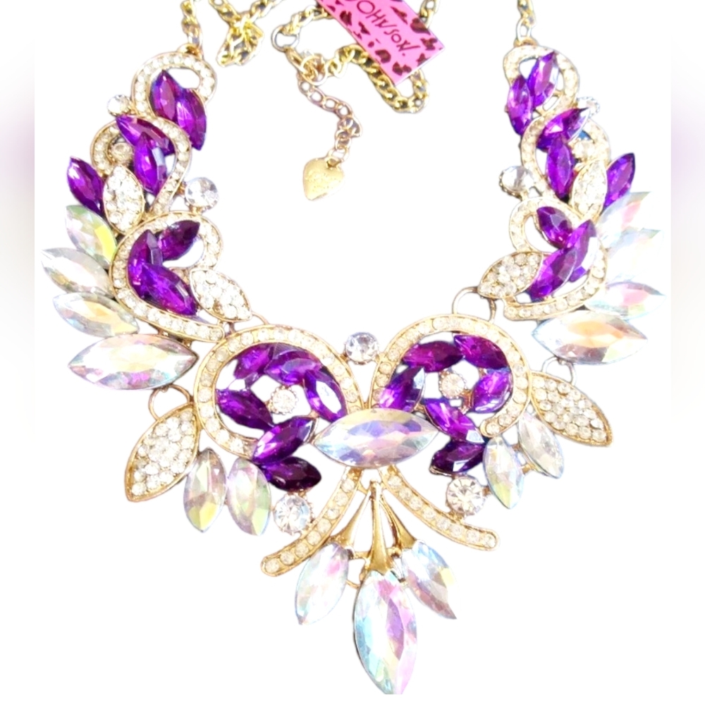 Gold plated iridescent white and purple flower crystal necklace
